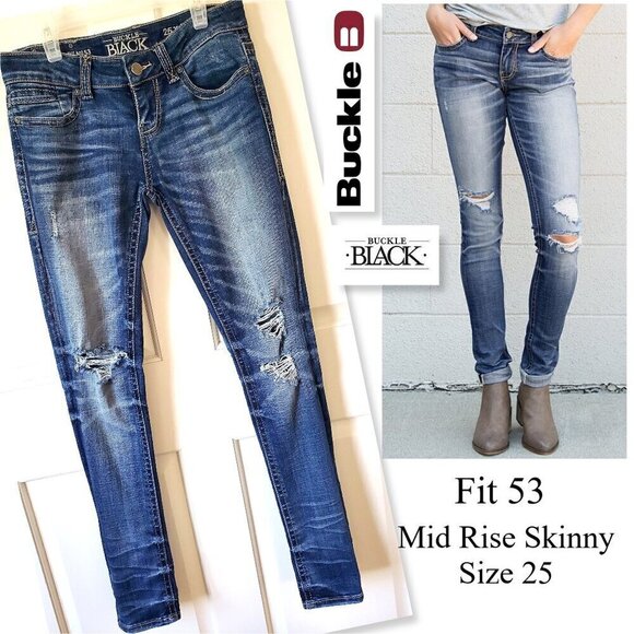 BUCKLE BLACK Fit 53 Women's Denim Skinny Fit Jeans 25x32 Mid Rise Distressed - Picture 1 of 16